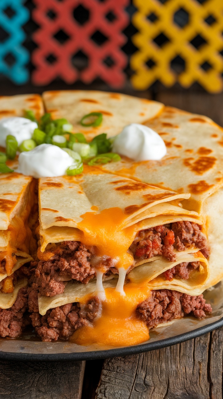 A layered beef burrito pie with tortillas, ground beef, cheese, and garnished with sour cream and green onions.